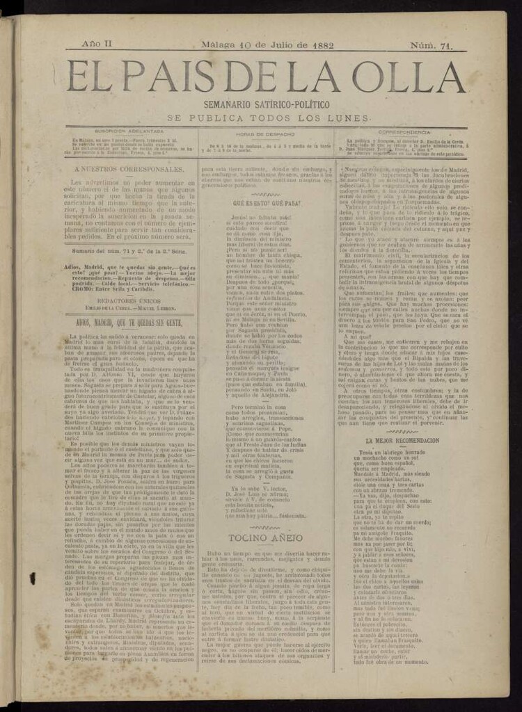 Miniatura de El País de la Olla : semanario satírico-político del 10 de julio de 1882