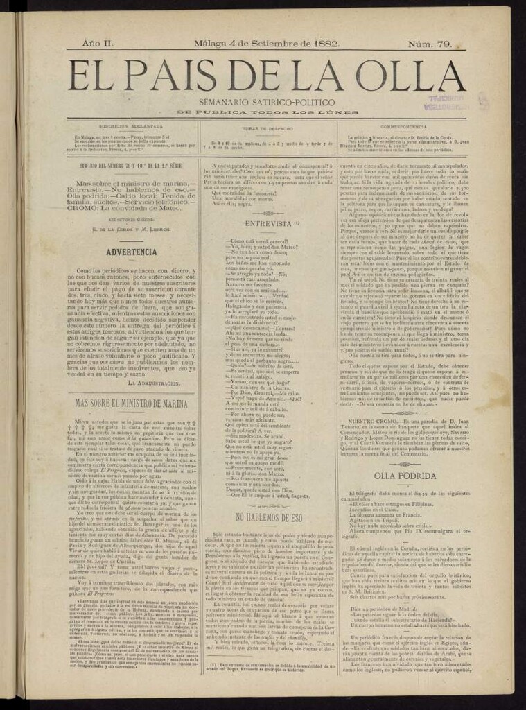 Miniatura de El País de la Olla : semanario satírico-político del 4 de septiembre de 1882
