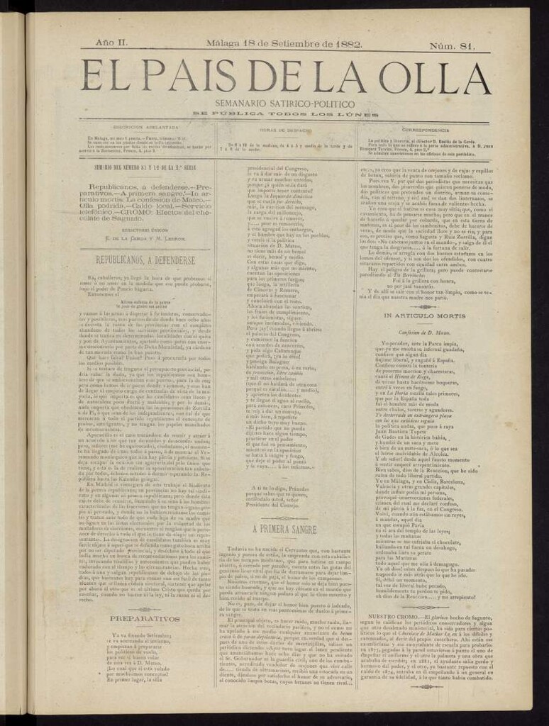 Miniatura de El País de la Olla : semanario satírico-político del 18 de septiembre de 1882