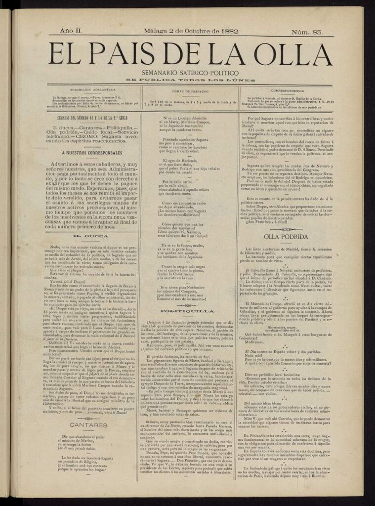 Miniatura de El País de la Olla : semanario satírico-político del 2 de octubre de 1882