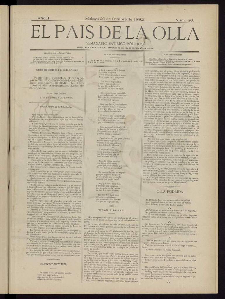 Miniatura de El País de la Olla : semanario satírico-político del 29 [sic] de octubre de 1882