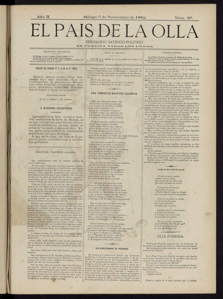 Miniatura de El País de la Olla : semanario satírico-político del 6 de noviembre de 1882