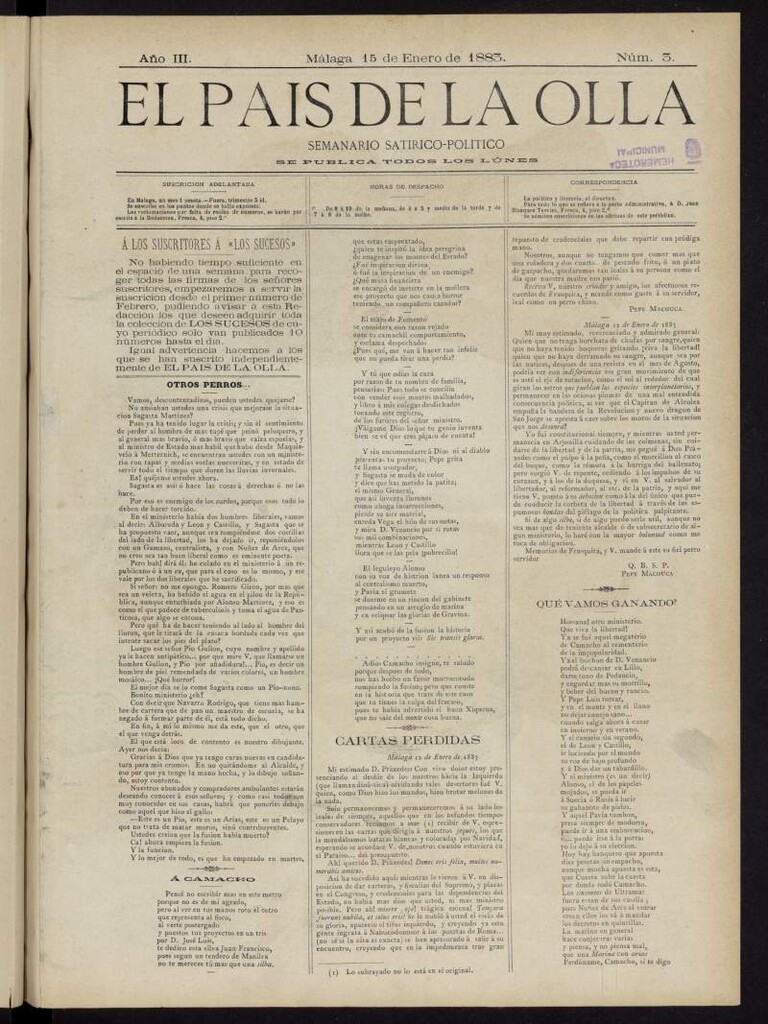 Miniatura de El País de la Olla : semanario satírico-político del 15 de enero de 1883