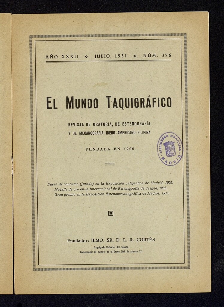 Miniatura de El Mundo Taquigráfico: revista mensual hispano-americana de oratoria y de estenografía. Julio de 1931, nº 376