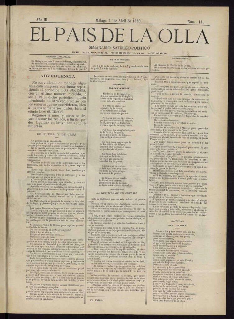 Miniatura de El País de la Olla : semanario satírico-político del 1 [sic] de abril de 1883