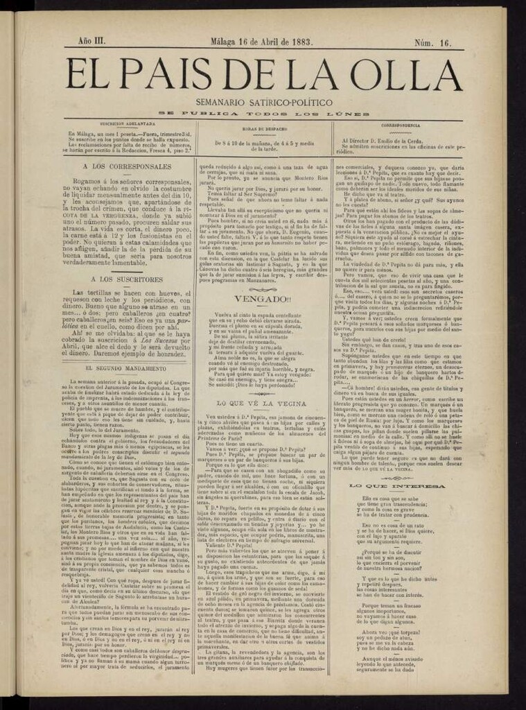 Miniatura de El País de la Olla : semanario satírico-político del 16 de abril de 1883