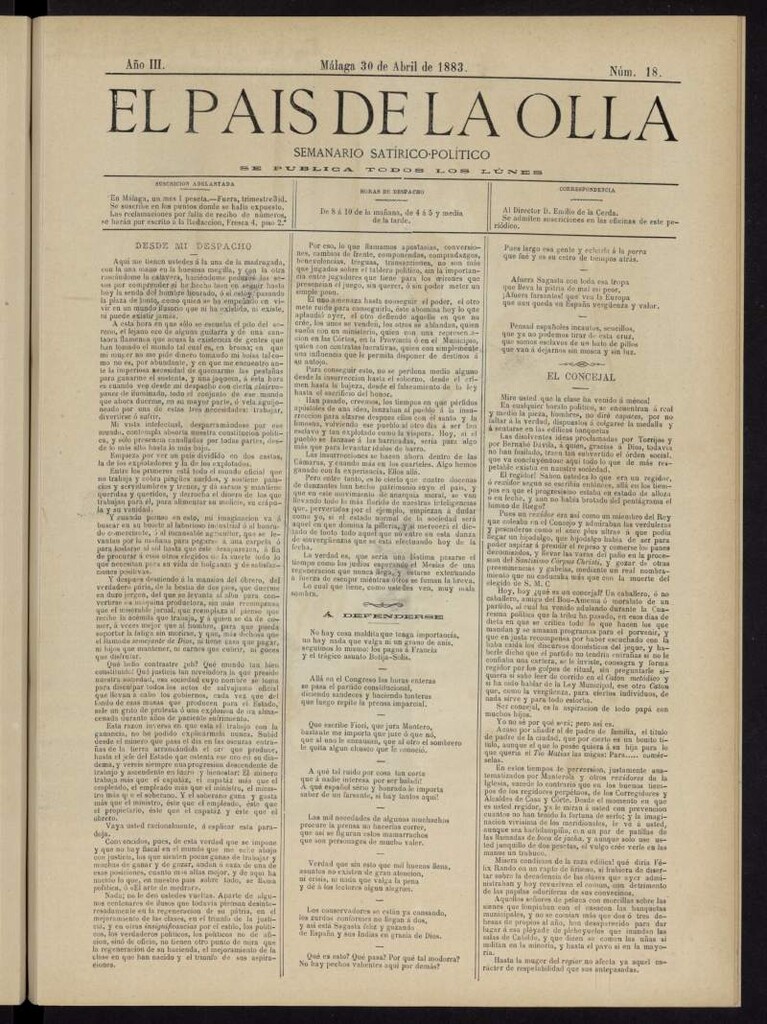 Miniatura de El País de la Olla : semanario satírico-político del 30 de abril de 1883