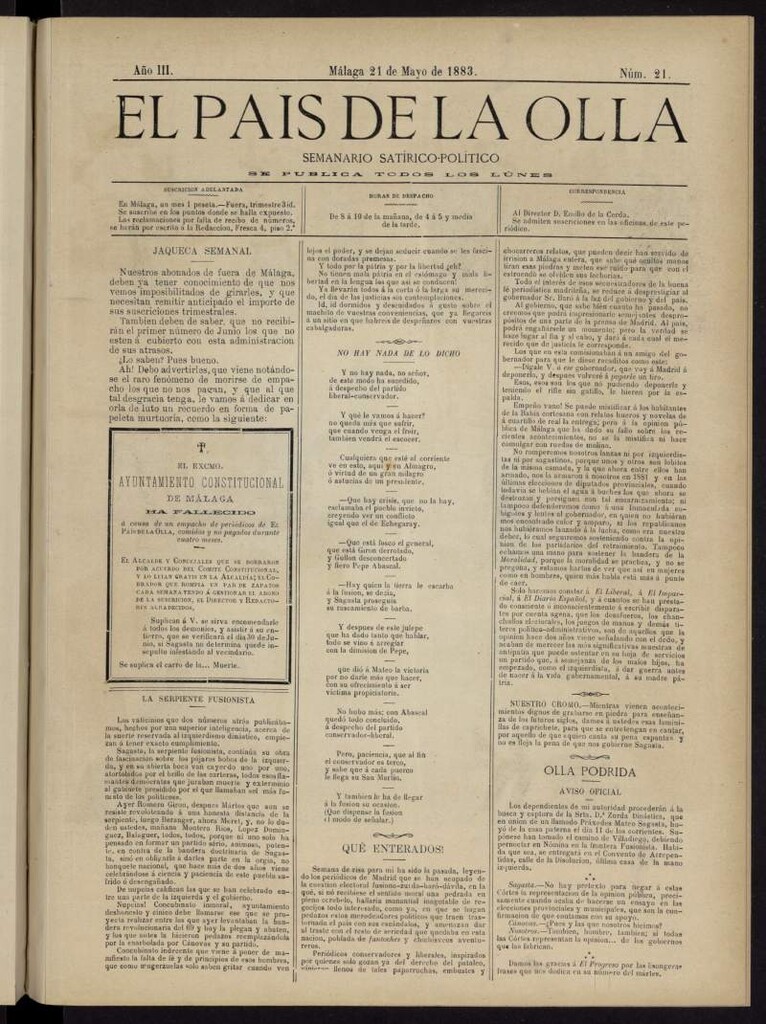 Miniatura de El País de la Olla : semanario satírico-político del 21 de mayo de 1883