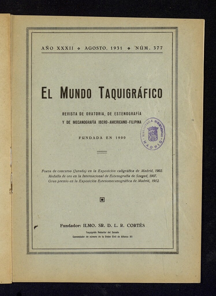 Miniatura de El Mundo Taquigráfico: revista mensual hispano-americana de oratoria y de estenografía. Agosto de 1931, nº 377