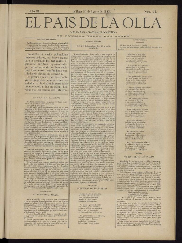 Miniatura de El País de la Olla : semanario satírico-político del 20 de agosto de 1883