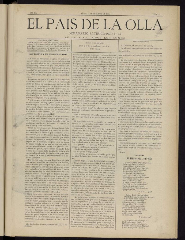 Miniatura de El País de la Olla : semanario satírico-político del 3 de diciembre de 1883
