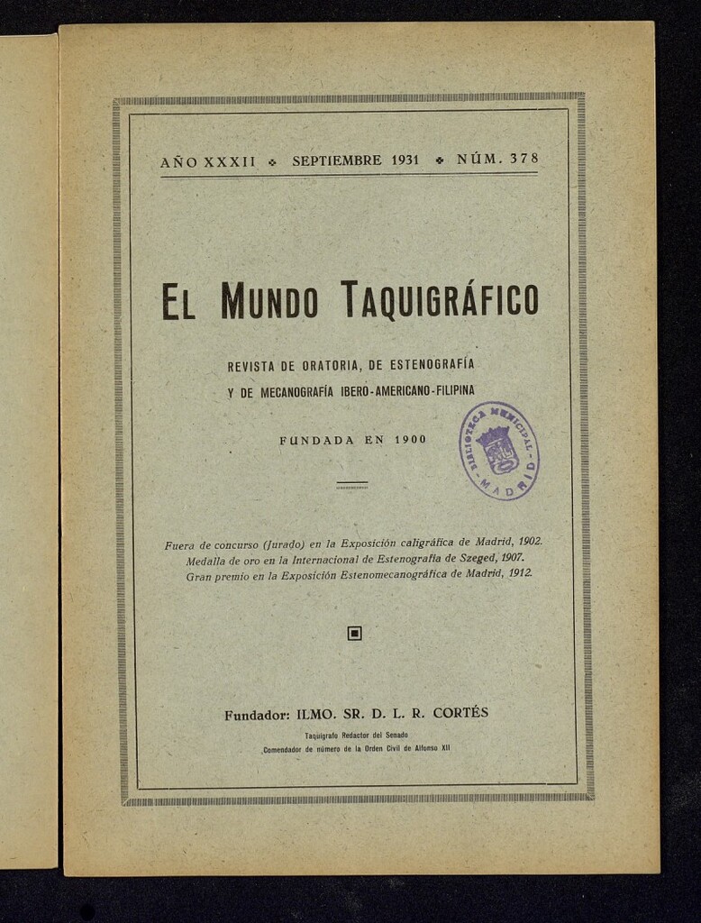 Miniatura de El Mundo Taquigráfico: revista mensual hispano-americana de oratoria y de estenografía. Septiembre de 1931, nº 378