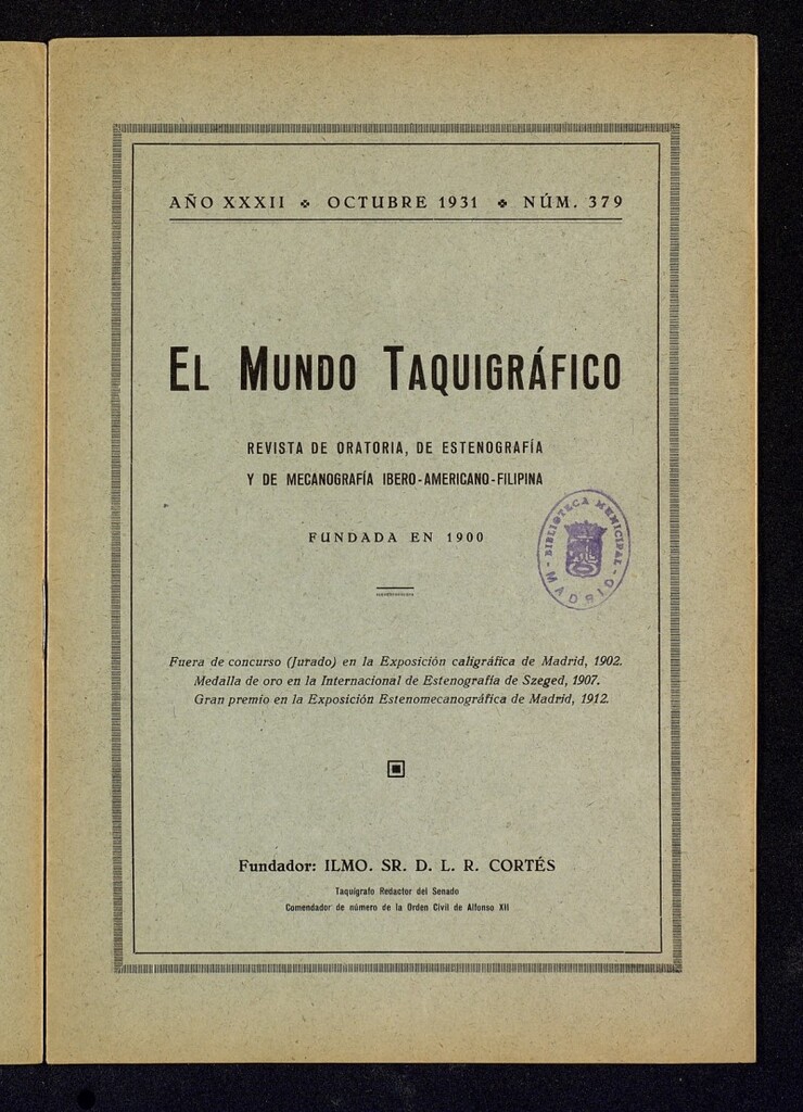 Miniatura de El Mundo Taquigráfico: revista mensual hispano-americana de oratoria y de estenografía. Octubre de 1931, nº 379
