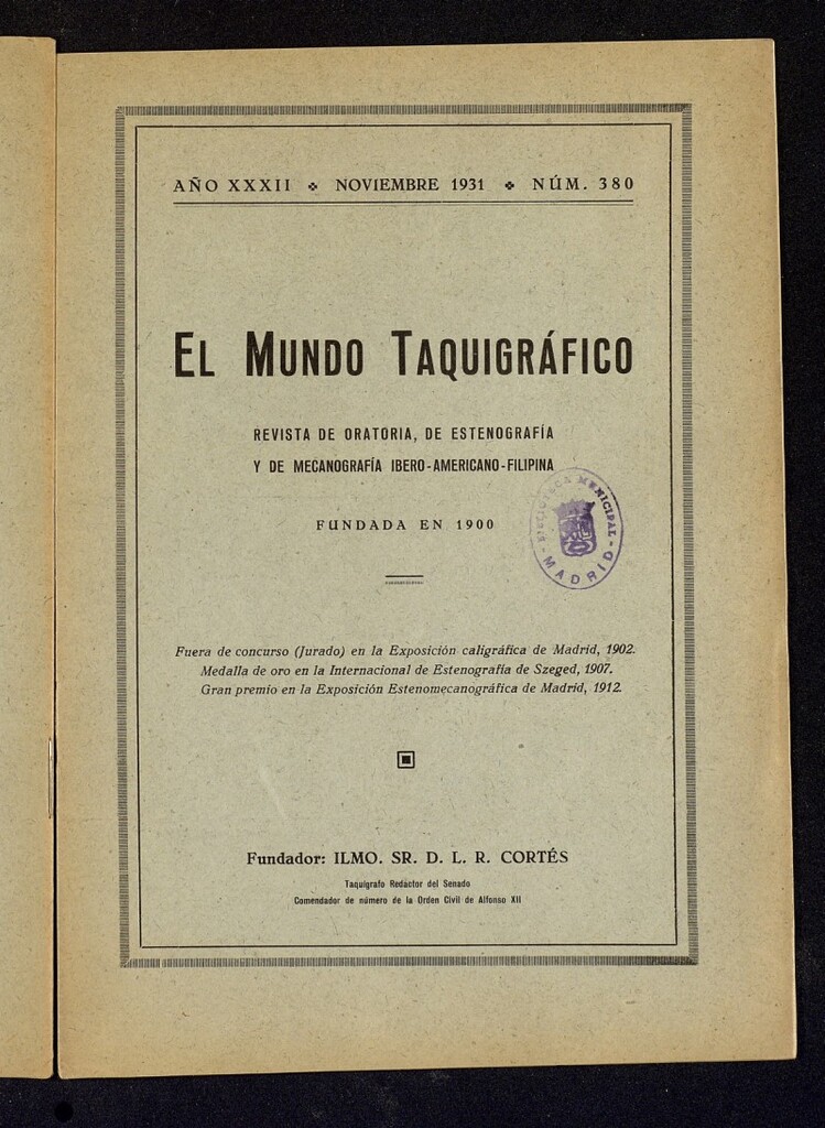 Miniatura de El Mundo Taquigráfico: revista mensual hispano-americana de oratoria y de estenografía. Noviembre de 1931, nº 380