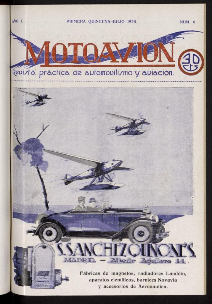 Miniatura de Motoavión: revista práctica de automovilismo y aviación, primera quincena de julio de 1928, nº 6