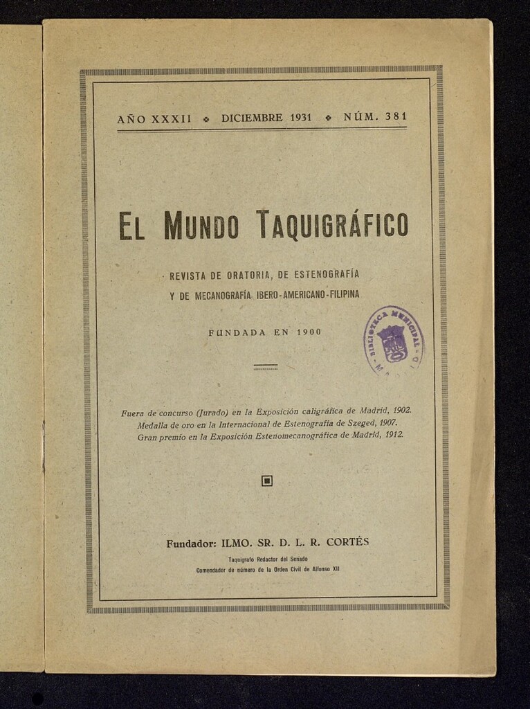 Miniatura de El Mundo Taquigráfico: revista mensual hispano-americana de oratoria y de estenografía. Diciembre de 1931, nº 381