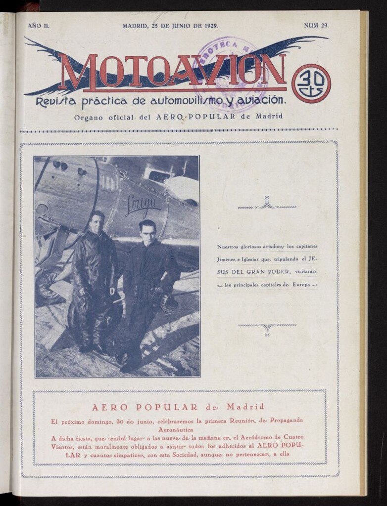 Miniatura de Motoavión: revista práctica de automovilismo y aviación del 25 de junio de 1929, nº 29