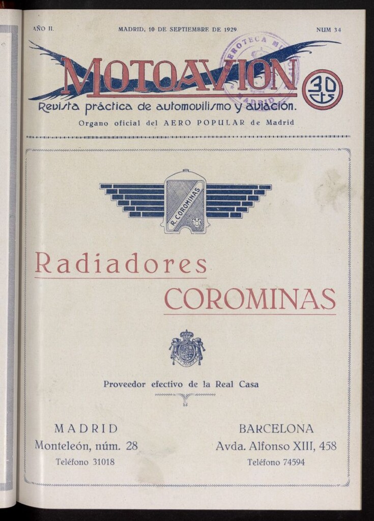 Miniatura de Motoavión: revista práctica de automovilismo y aviación del 10 de septiembre de 1929, nº 34
