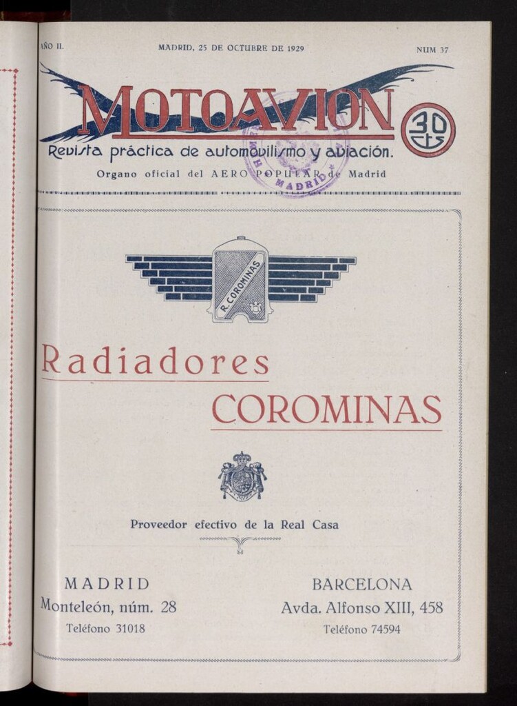Miniatura de Motoavión: revista práctica de automovilismo y aviación del 25 de octubre de 1929, nº 37