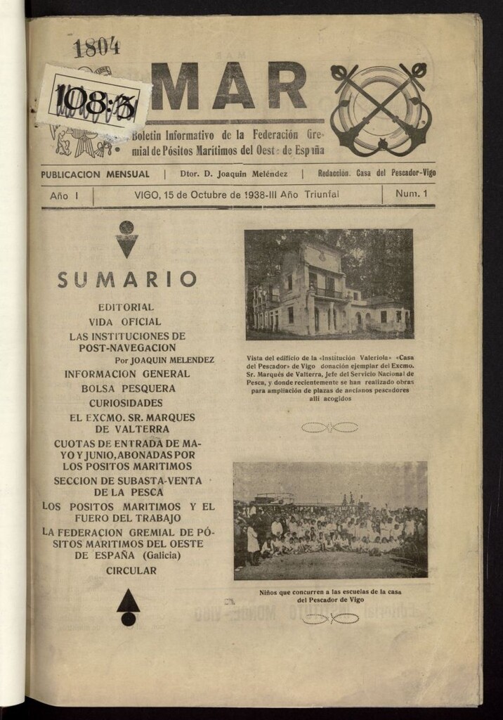 Miniatura de Mar : boletín informativo de la Federación Gremial de Pósitos Marítimos del Oeste de España