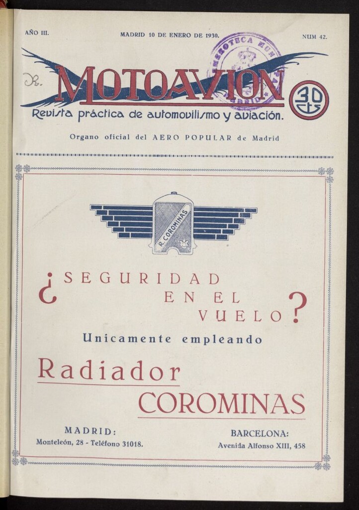 Miniatura de Motoavión: revista práctica de automovilismo y aviación del 10 de enero de 1930, nº 42