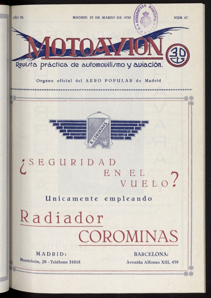Miniatura de Motoavión: revista práctica de automovilismo y aviación del 25 de marzo de 1930, nº 47