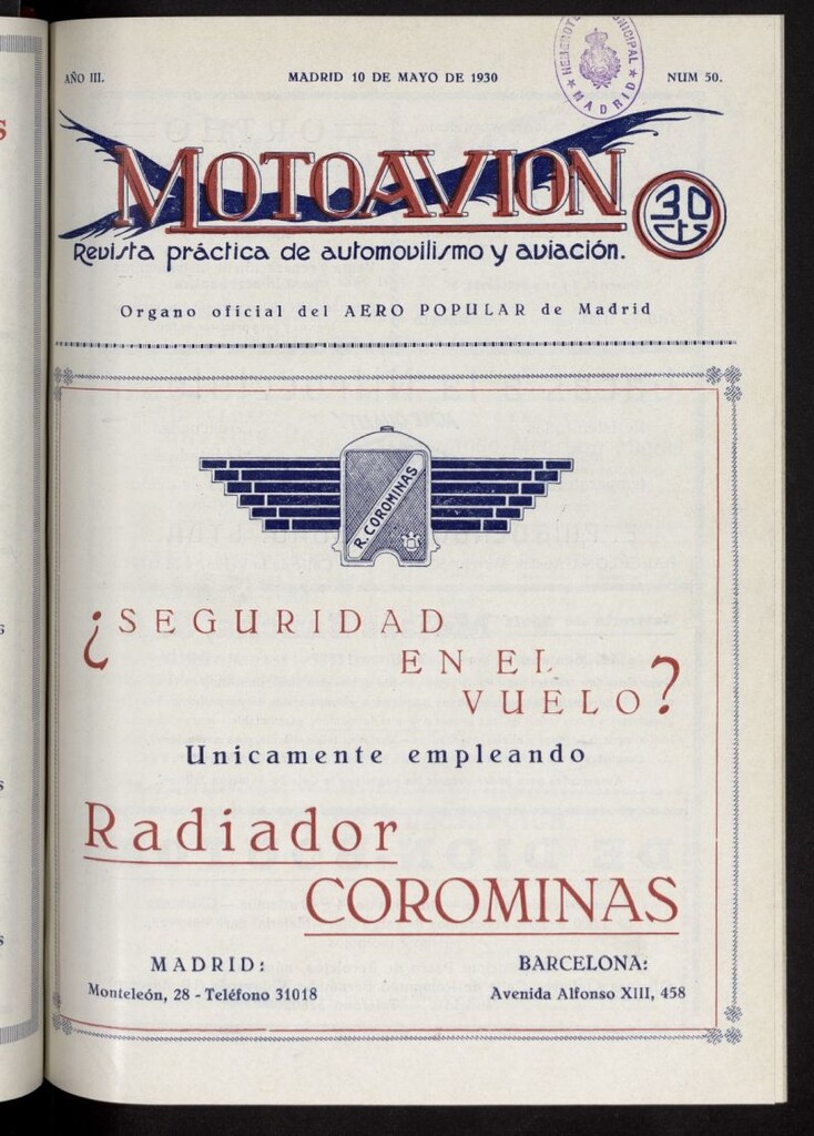 Miniatura de Motoavión: revista práctica de automovilismo y aviación del 10 de mayo de 1930, nº 50