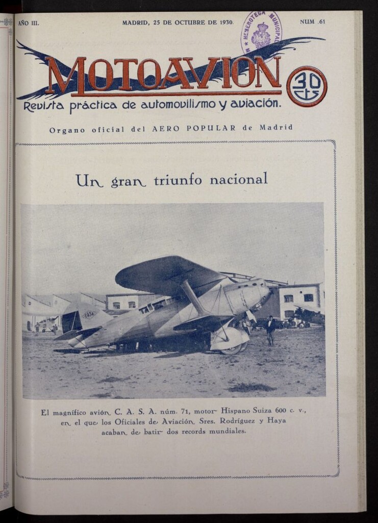 Miniatura de Motoavión: revista práctica de automovilismo y aviación del 25 de octubre de 1930, nº 61