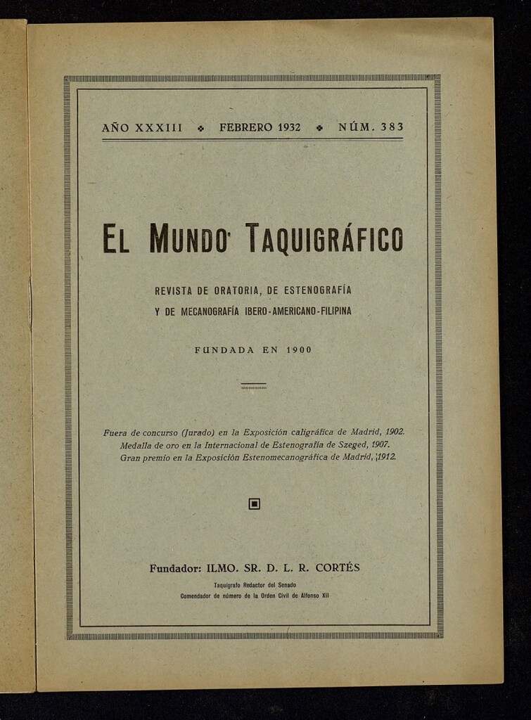 Miniatura de El Mundo Taquigráfico: revista mensual hispano-americana de oratoria y de estenografía. Febrero de 1932, nº 383