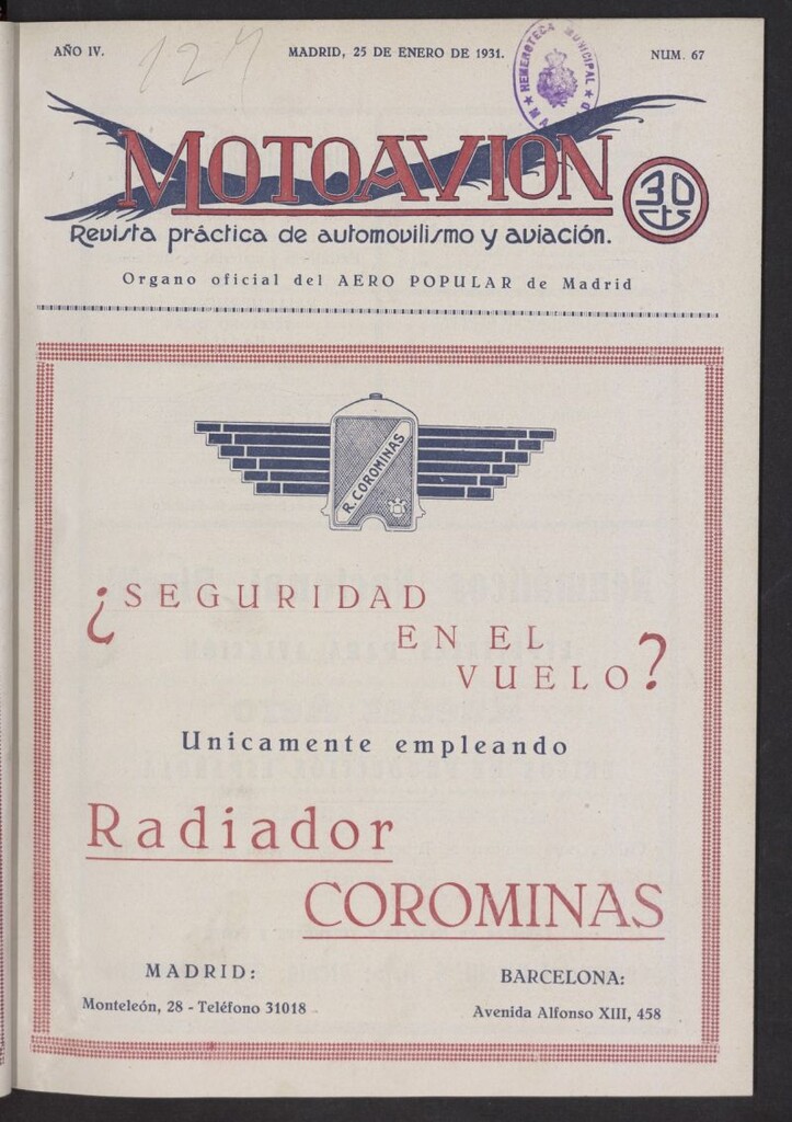 Miniatura de Motoavión: revista práctica de automovilismo y aviación del 25 de enero de 1931, nº 67
