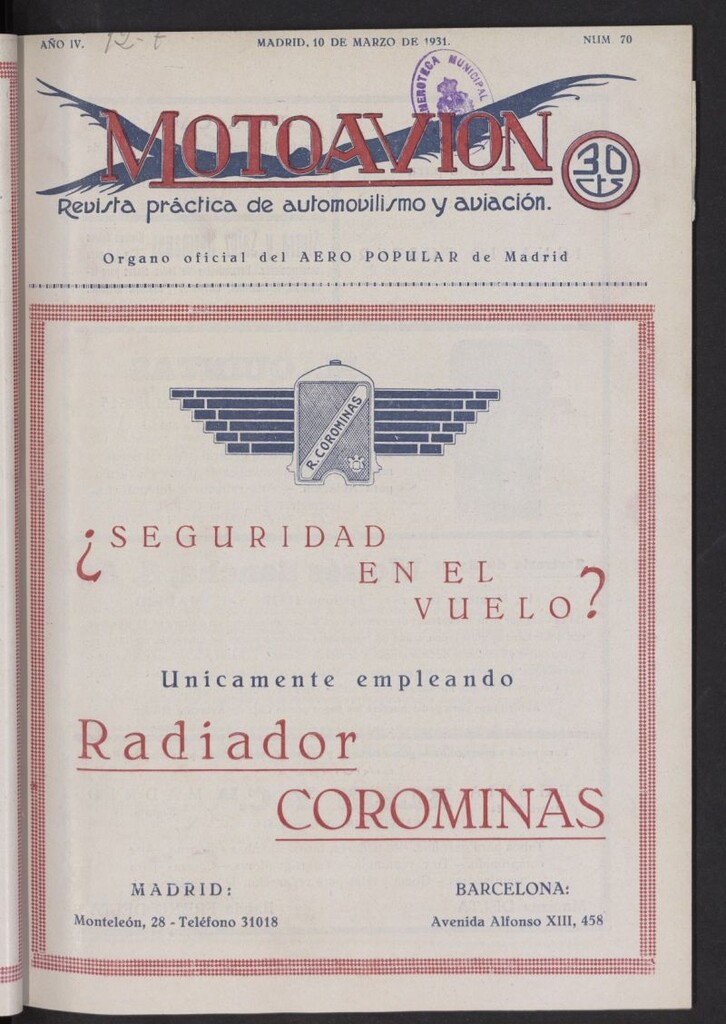 Miniatura de Motoavión: revista práctica de automovilismo y aviación del 10 de marzo de 1931, nº 70