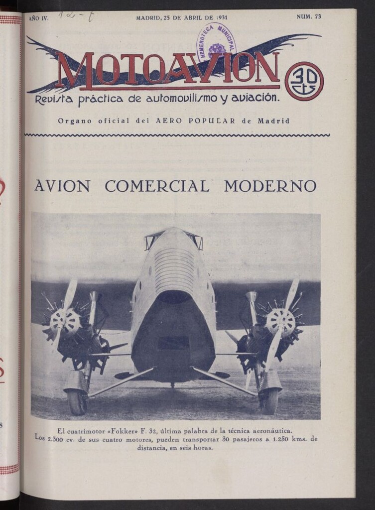 Miniatura de Motoavión: revista práctica de automovilismo y aviación del 25 de abril de 1931, nº 73