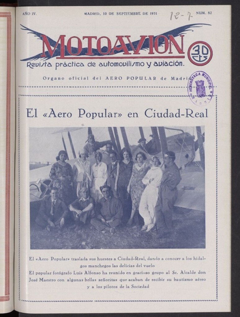 Miniatura de Motoavión: revista práctica de automovilismo y aviación del 10 de septiembre de 1931, nº 82