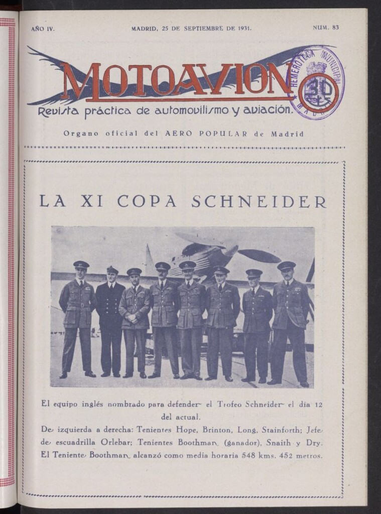 Miniatura de Motoavión: revista práctica de automovilismo y aviación del 25 de septiembre de 1931, nº 83