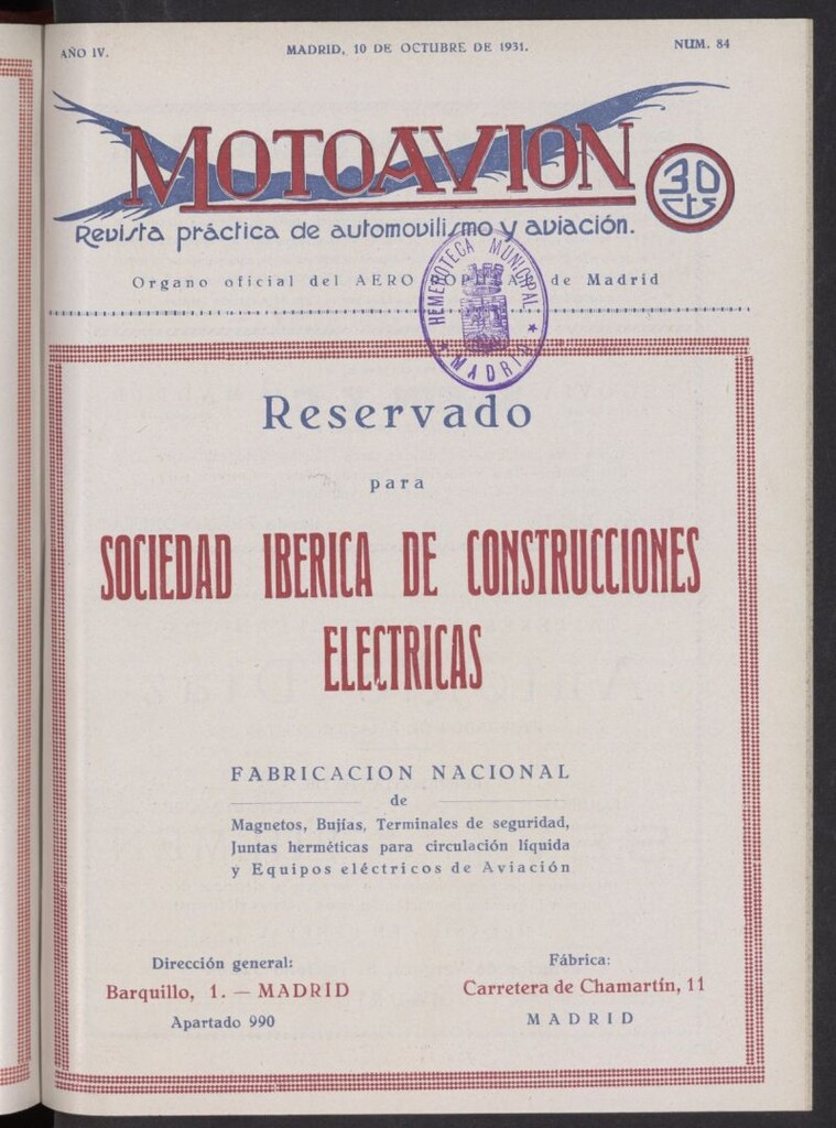 Miniatura de Motoavión: revista práctica de automovilismo y aviación del 10 de octubre de 1931, nº 84