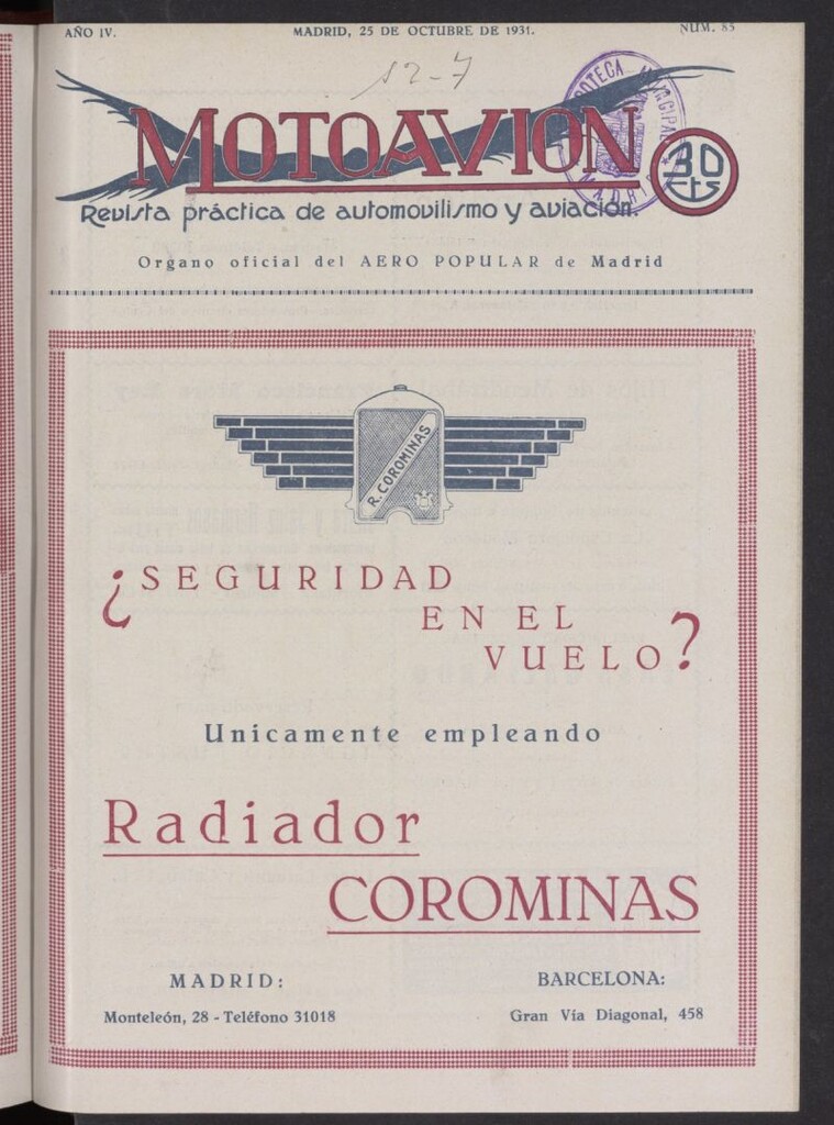 Miniatura de Motoavión: revista práctica de automovilismo y aviación del 25 de octubre de 1931, nº 85