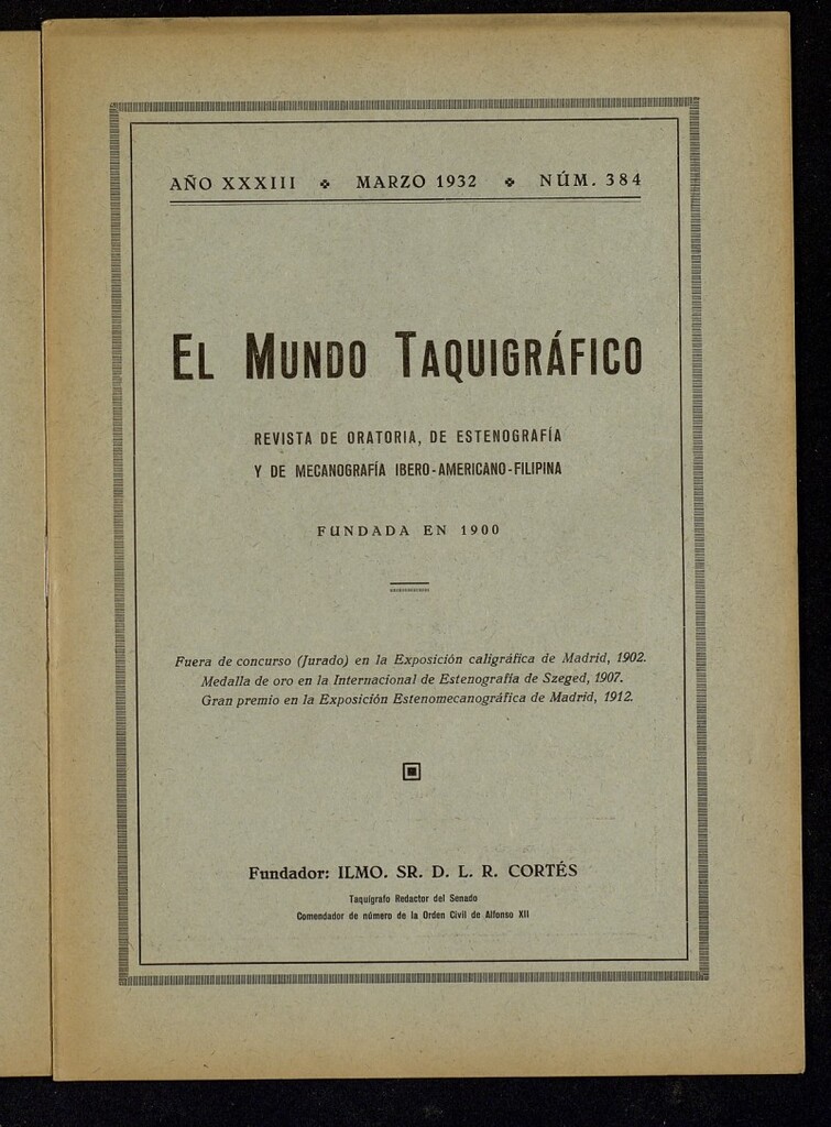 Miniatura de El Mundo Taquigráfico: revista mensual hispano-americana de oratoria y de estenografía. marzo de 1932, nº 384