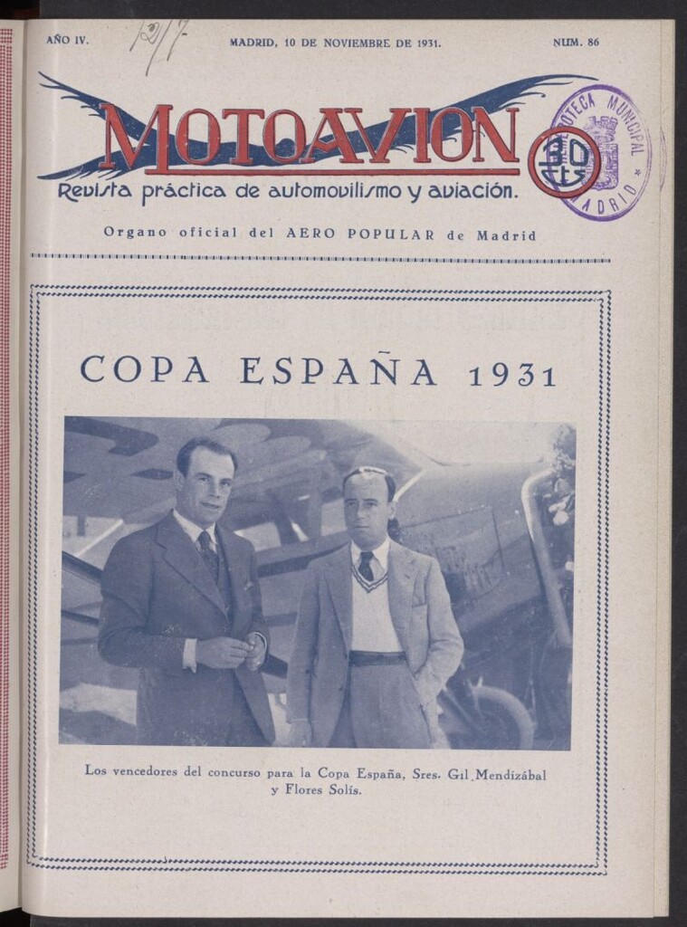 Miniatura de Motoavión: revista práctica de automovilismo y aviación del 10 de noviembre de 1931, nº 86