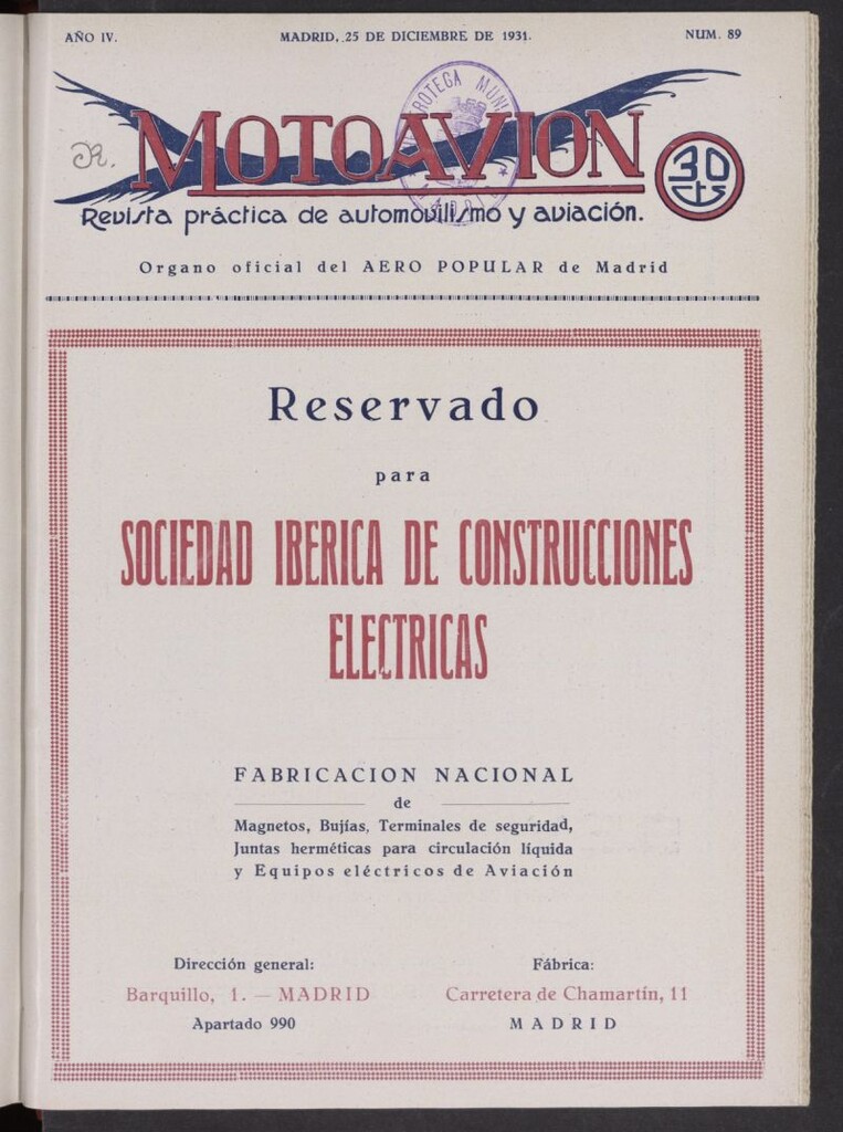 Miniatura de Motoavión: revista práctica de automovilismo y aviación del 25 de diciembre de 1931, nº 89