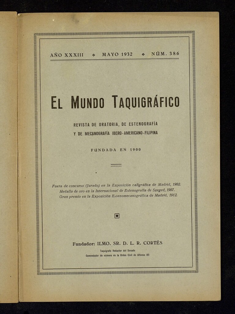 Miniatura de El Mundo Taquigráfico: revista mensual hispano-americana de oratoria y de estenografía. Mayo de 1932, nº 386