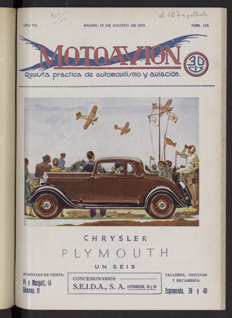 Miniatura de Motoavión: revista práctica de automovilismo y aviación del 10 de agosto de 1933, nº 128