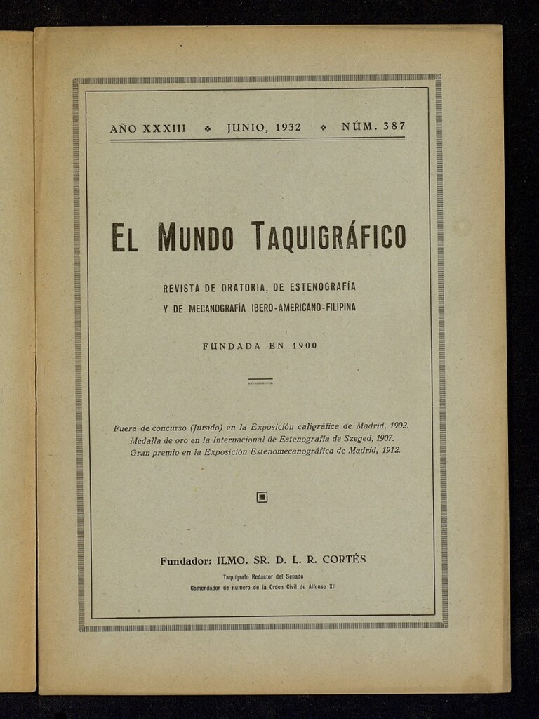 Miniatura de El Mundo Taquigráfico: revista mensual hispano-americana de oratoria y de estenografía. Junio de 1932, nº 387
