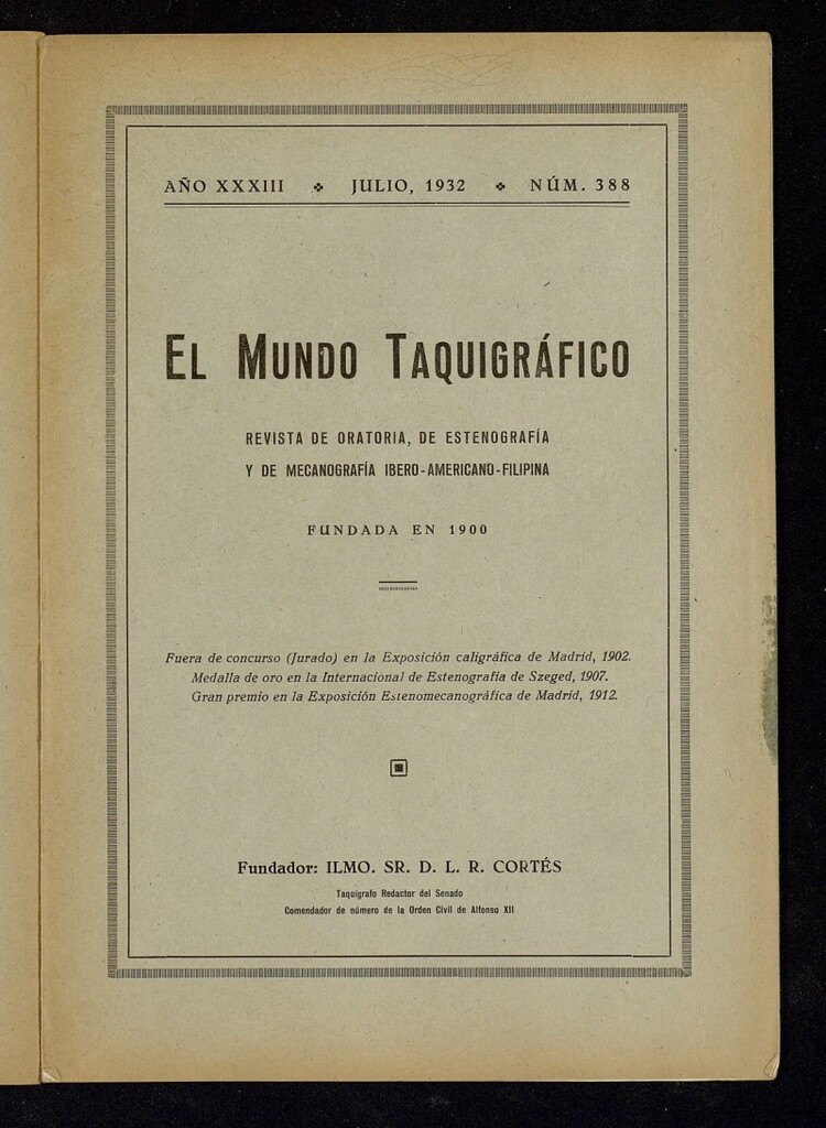 Miniatura de El Mundo Taquigráfico: revista mensual hispano-americana de oratoria y de estenografía. Julio de 1932, nº 388