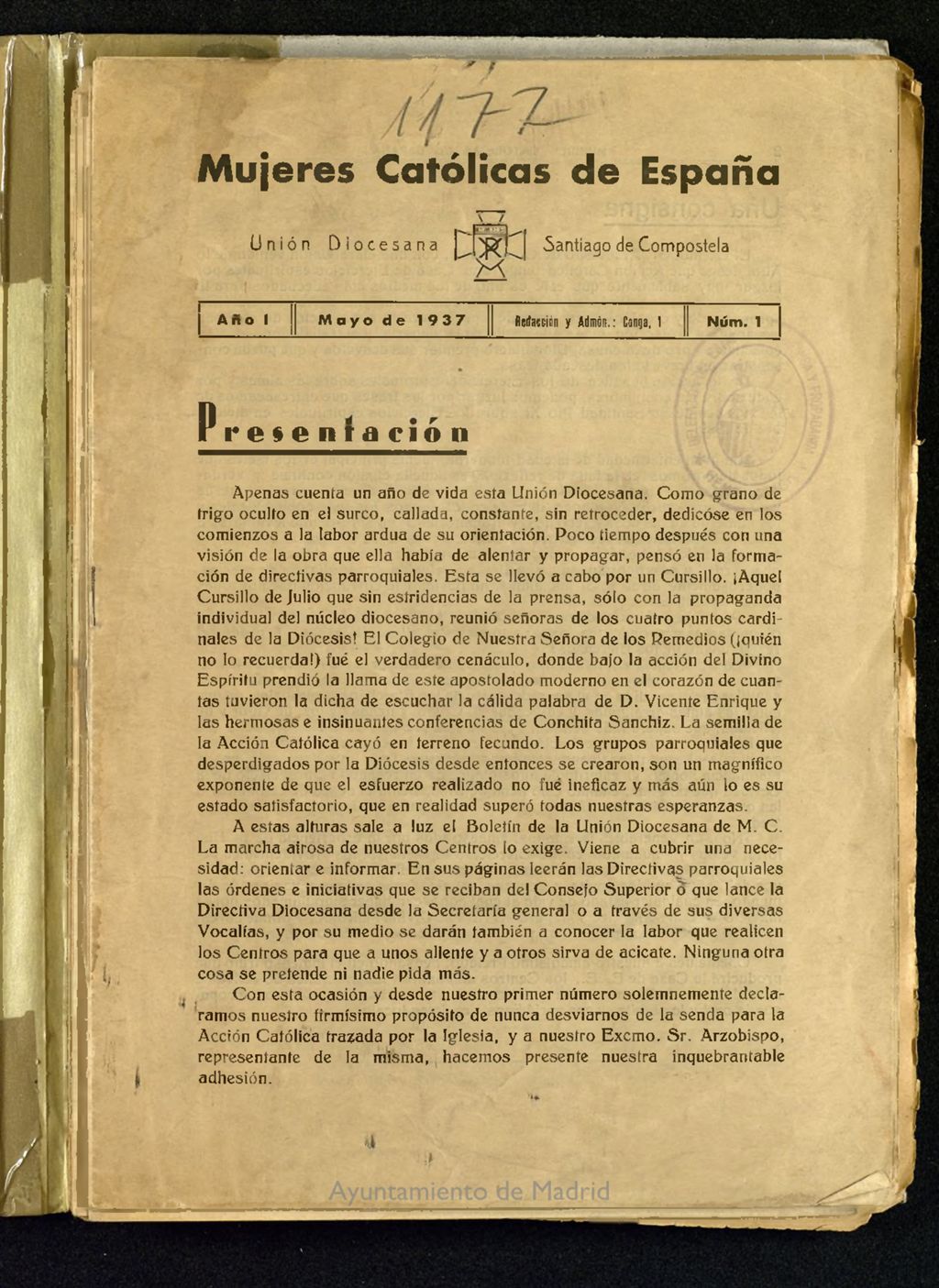 Miniatura de Mújeres católicas de España : Unión Diocesana Santiago de Compostela de mayo de 1937, nº 1