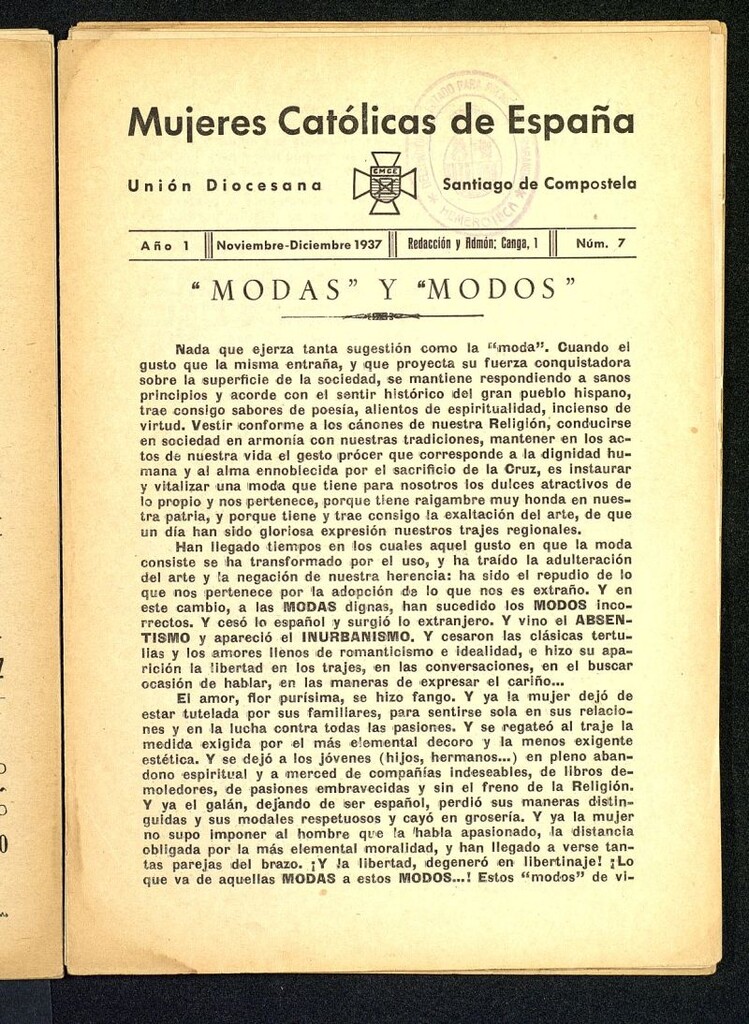 Miniatura de Mújeres católicas de España : Unión Diocesana Santiago de Compostela de noviembre y diciembre de 1937, nº 7