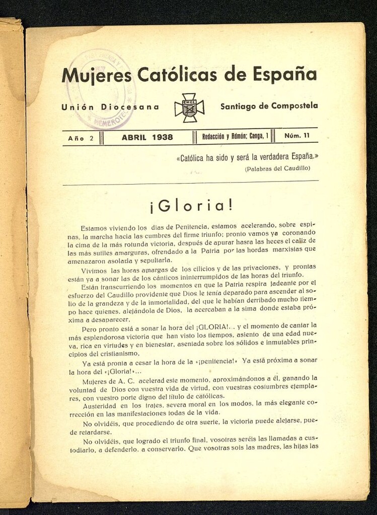 Miniatura de Mújeres católicas de España : Unión Diocesana Santiago de Compostela de abril de 1938, nº 11