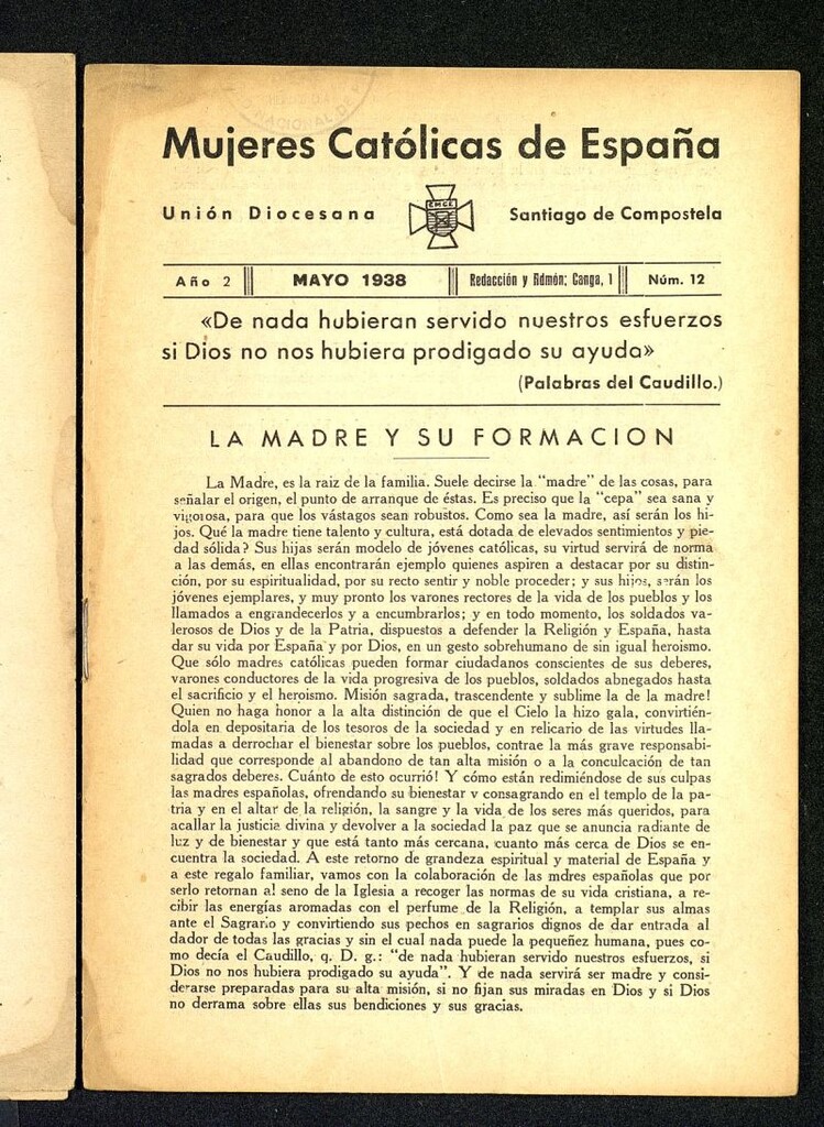Miniatura de Mújeres católicas de España : Unión Diocesana Santiago de Compostela de mayo de 1938, nº 12