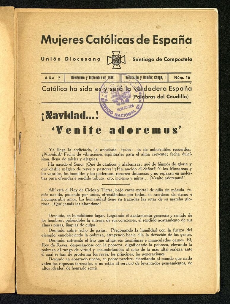 Miniatura de Mújeres católicas de España : Unión Diocesana Santiago de Compostela de noviembre y diciembre de 1938, nº 16