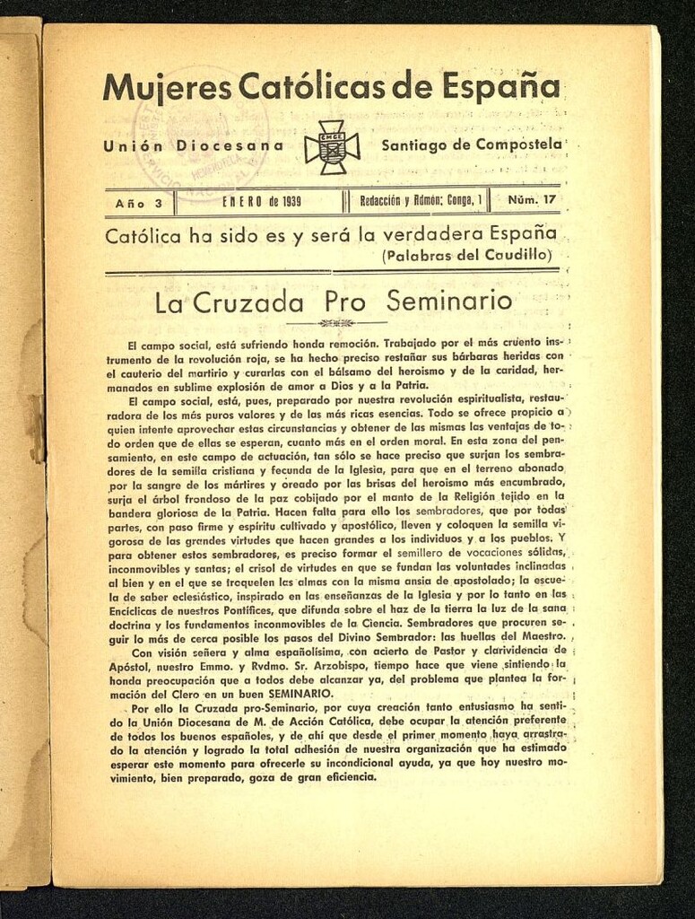 Miniatura de Mújeres católicas de España : Unión Diocesana Santiago de Compostela de enero de 1939, nº 17