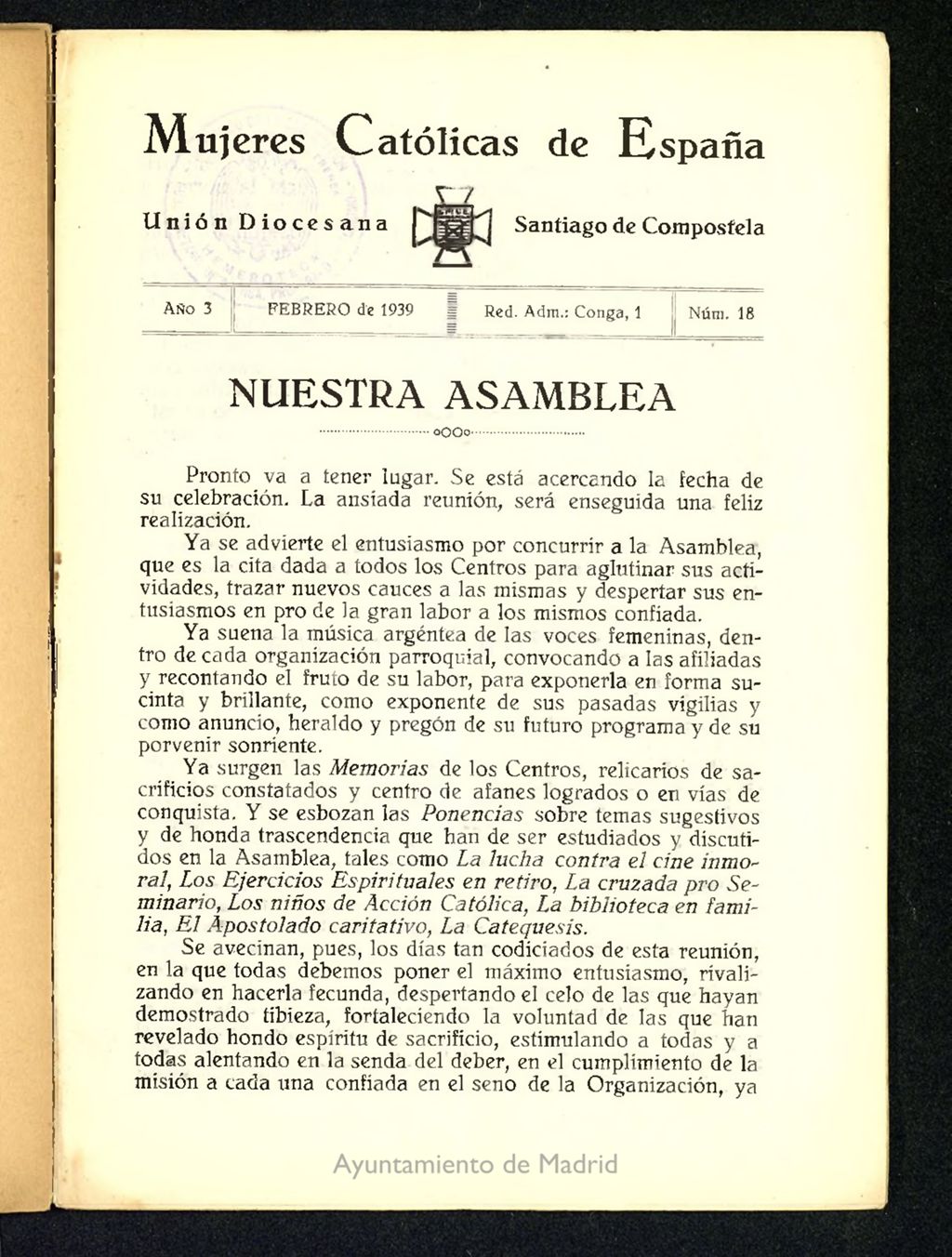 Miniatura de Mújeres católicas de España : Unión Diocesana Santiago de Compostela de febrero de 1939, nº 18